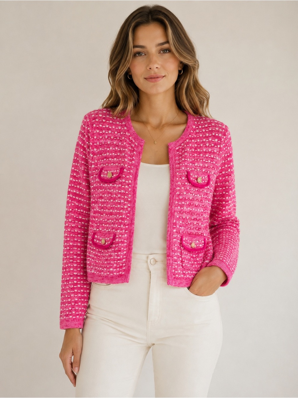 Lilly Pulitzer Pink & White Knit Cardigan Jacket Gold Buttons Size Small
